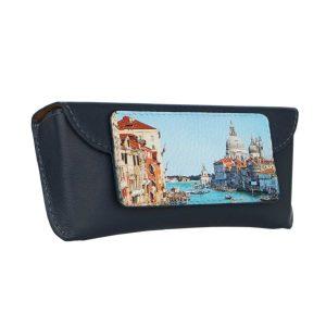 Футляр для очков с принтом Eshemoda “Венеция. Центральный канал”, натуральная кожа, темно-синий