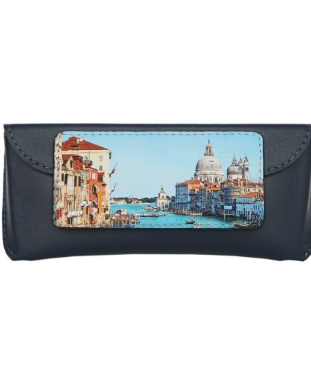 Футляр для очков с принтом Eshemoda "Венеция. Центральный канал", натуральная кожа, темно-синий