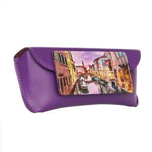 Футляр для очков с принтом Eshemoda “Вечерний канал Венеции”, натуральная кожа, фиолетовый