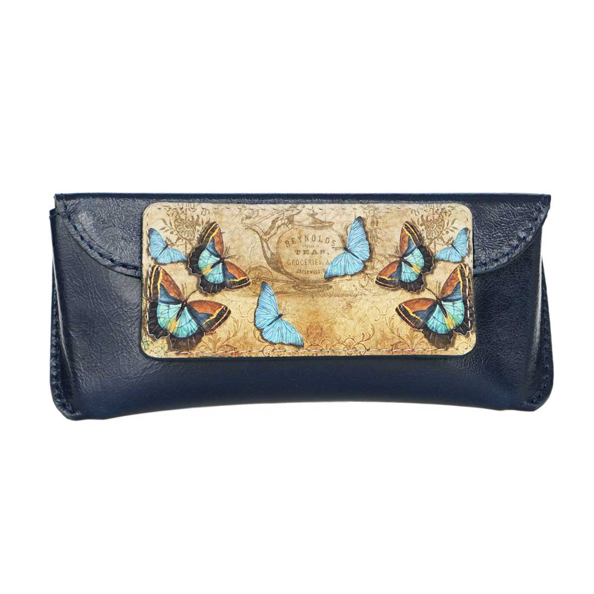 Футляр для очков с принтом Eshemoda “Голубые бабобчки”, натуральная кожа, синий