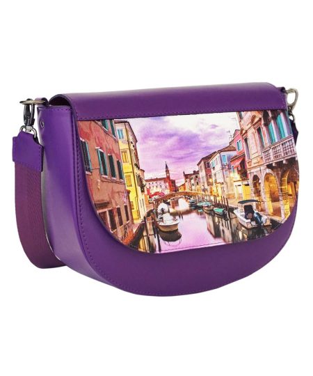 Сумка со сменным клапаном полукруглая Eshemoda с принтом “Вечер в Венеции”, цвет фиолетовый