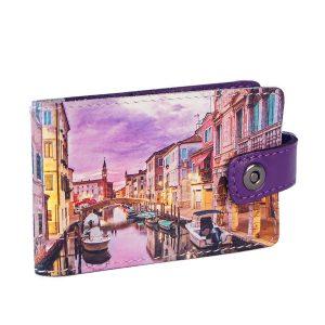 Визитница с принтом Eshemoda “Вечерний канал Венеции”, натуральная кожа, цвет фиолетовый