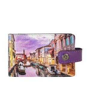 Визитница с принтом Eshemoda “Вечерний канал Венеции”, натуральная кожа, цвет фиолетовый