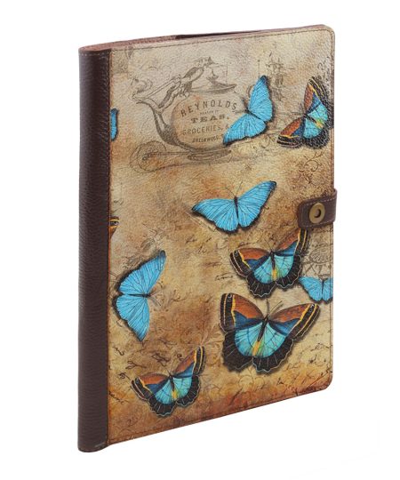 Органайзер для документов с принтом Eshemoda "Голубые бабочки", Формат А4, натуральная кожа, цвет коричневый