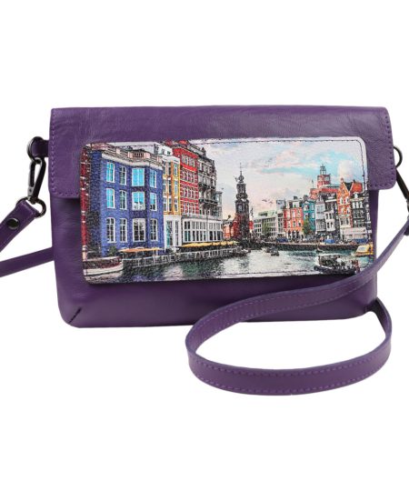Сумка кросс-боди с принтом  Eshemoda "Яркий Амстердам", натуральная кожа, цвет фиолетовый