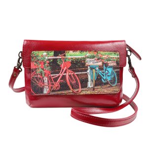 Сумка кросс-боди с принтом  Eshemoda “Разноцветные велосипеды”, натуральная кожа, цвет красный