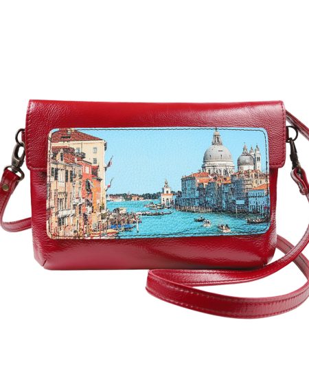 Сумка кросс-боди с принтом  Eshemoda "Венеция. Центральный канал", натуральная кожа, цвет красный