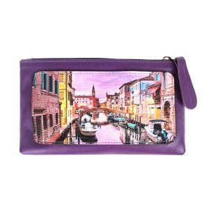 Косметичка с принтом Eshemoda “Вечер в Венеции”, размер L, натуральная кожа, цвет фиолетовый