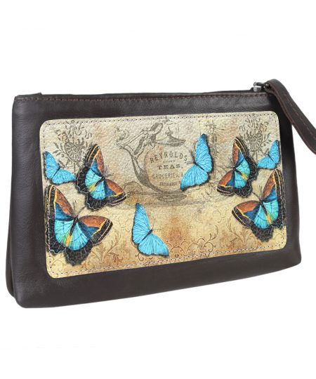 Косметичка с принтом Eshemoda "Голубые бабочки", размер L, натуральная кожа, цвет коричневый