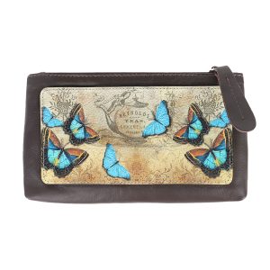 Косметичка с принтом Eshemoda “Голубые бабочки”, размер L, натуральная кожа, цвет коричневый