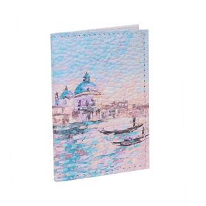 Обложка для 2-х карточек с принтом Eshemoda “Голубая Венеция”, натуральная кожа
