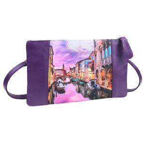 Сумка кросс-боди с принтом  Eshemoda “Вечерний канал Венеции”, натуральная кожа, цвет фиолетовый