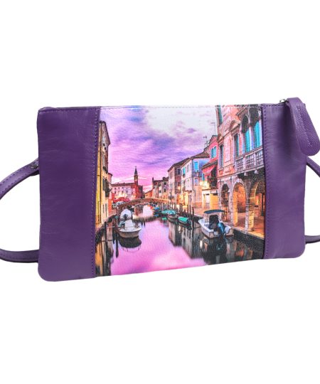 Сумка кросс-боди с принтом  Eshemoda "Вечерний канал Венеции", натуральная кожа, цвет фиолетовый