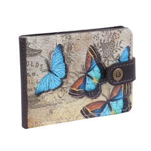 Портмоне Slim с принтом Eshemoda “Голубые бабочки”, натуральная кожа, цвет коричневый