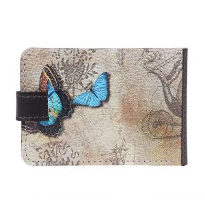 Портмоне Slim с принтом Eshemoda “Голубые бабочки”, натуральная кожа, цвет коричневый