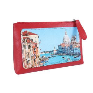 Косметичка с принтом Eshemoda “Венеция. Центральный канал”, размер L, натуральная кожа, цвет красный