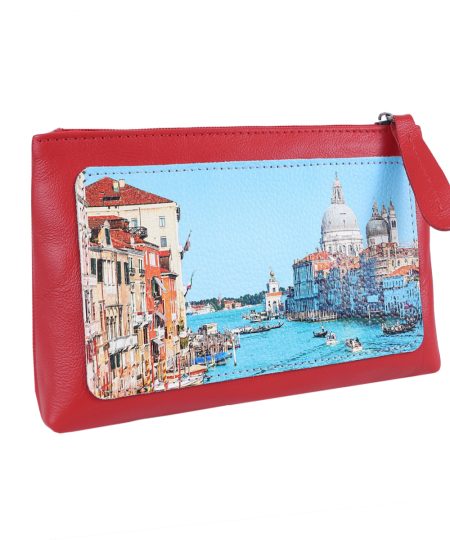 Косметичка с принтом Eshemoda "Венеция. Центральный канал", размер L, натуральная кожа, цвет красный