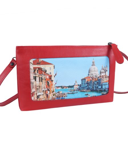 Сумка кросс-боди с принтом  Eshemoda "Венеция. Центральный канал", натуральная кожа, цвет красный