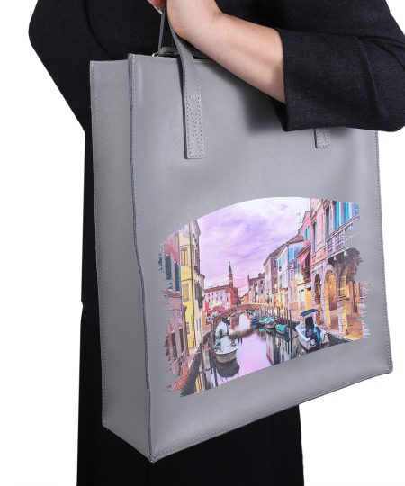 Сумка-шоппер MAXI "Вечерний канал Венеции", натуральная кожа, цвет серый
