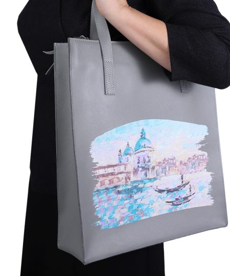 Сумка-шоппер MAXI "Голубая Венеция", натуральная кожа, цвет серый