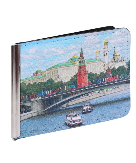 Зажим для денег с принтом Eshemoda «Кремль. Каменный мост», натуральная кожа, цвет черный