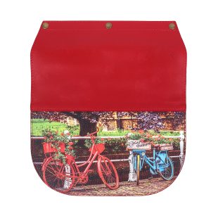 Сумка со сменным клапаном полукруглая Eshemoda с принтом «Разноцветные велосипеды», из натуральной кожи красного цвета